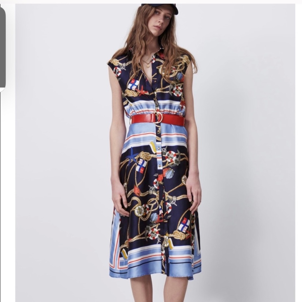 ZARA NAUTICAL ANCHOR PRINTED DRESS WITH BELT